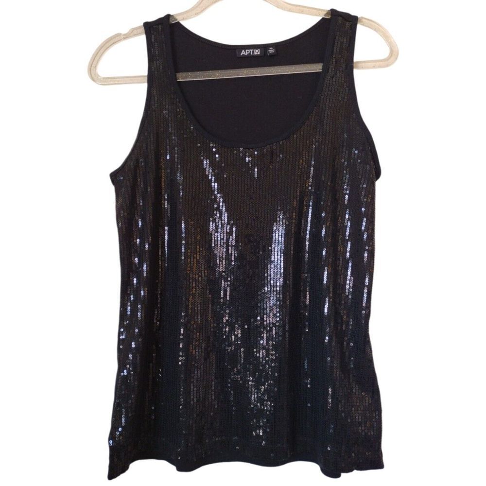 APT9 Tank Top Women PL Black Sequins Sleeveless Scoop Neck Party Disco Night Out